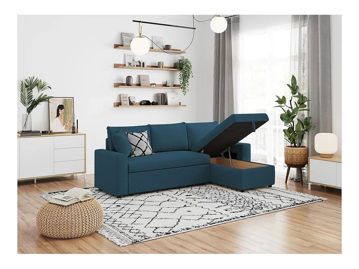 Canapé d'angle convertible 4 places avec coffre en tissu bleu nuit
