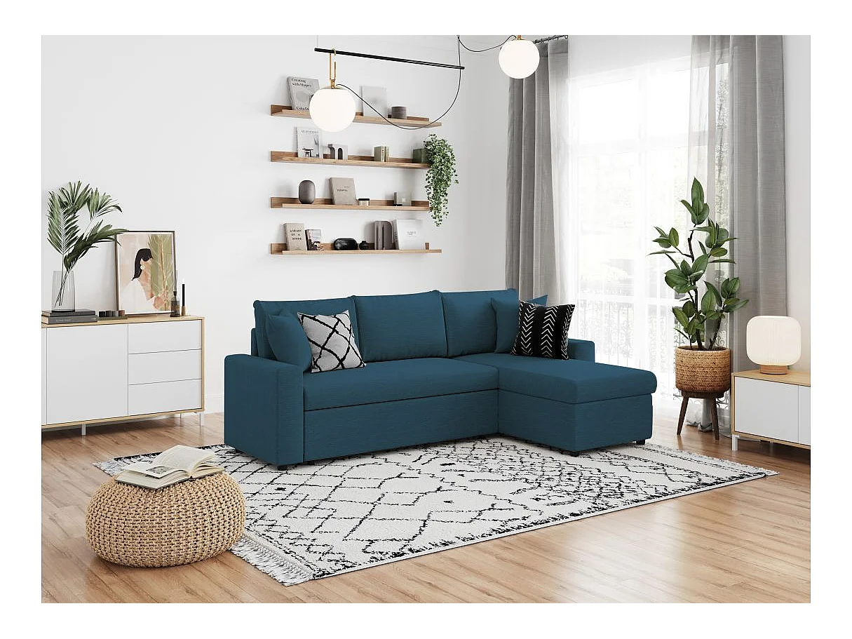 Canapé d'angle convertible 4 places avec coffre en tissu bleu nuit