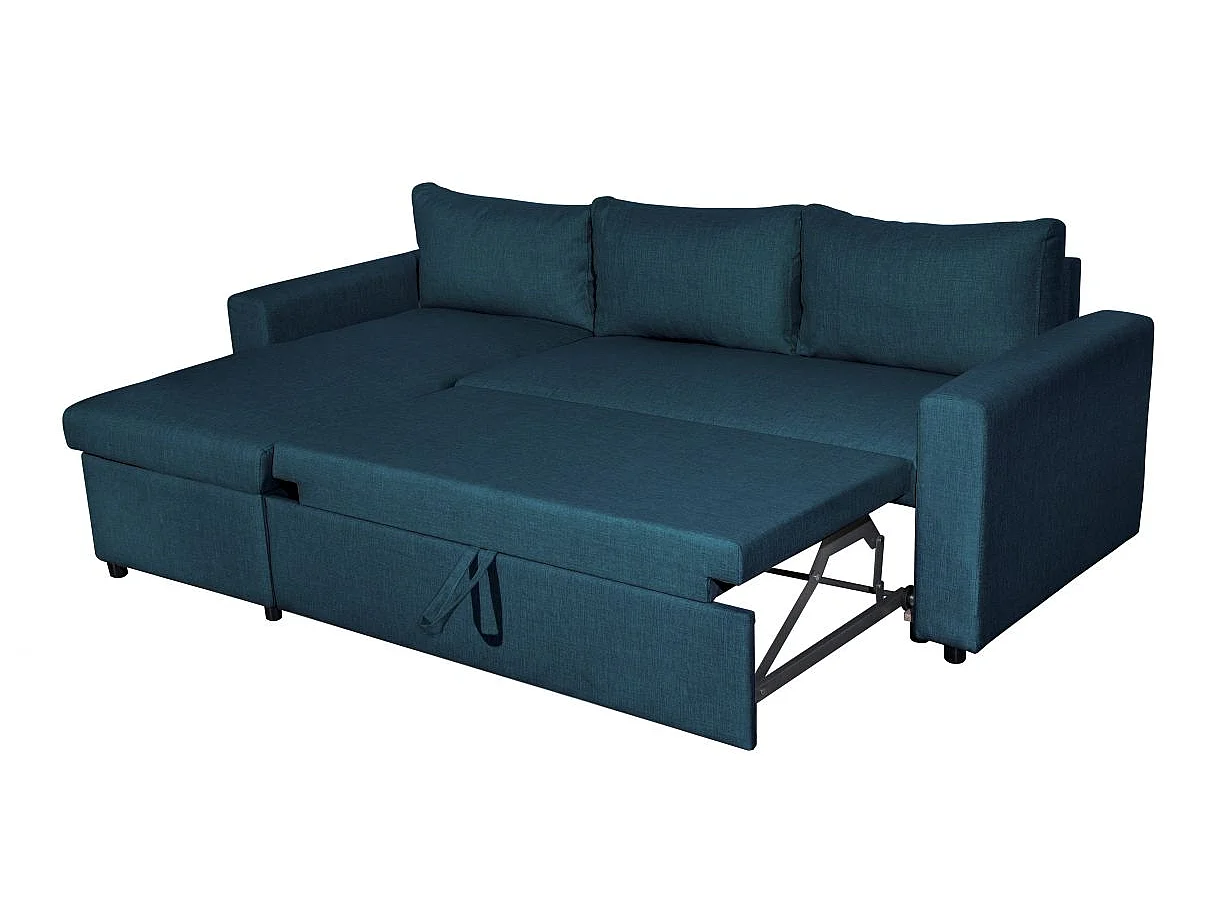 Canapé d'angle convertible 4 places avec coffre en tissu bleu nuit