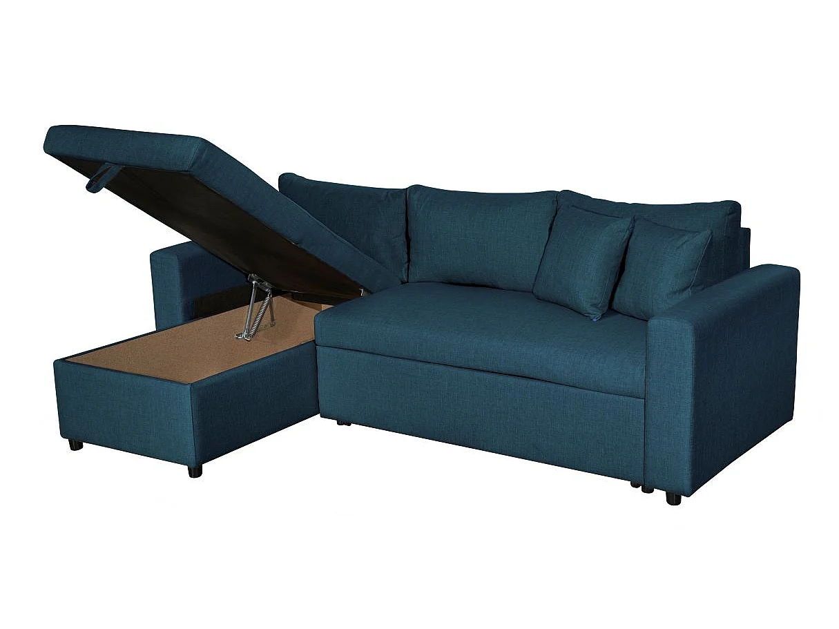 Canapé d'angle convertible 4 places avec coffre en tissu bleu nuit