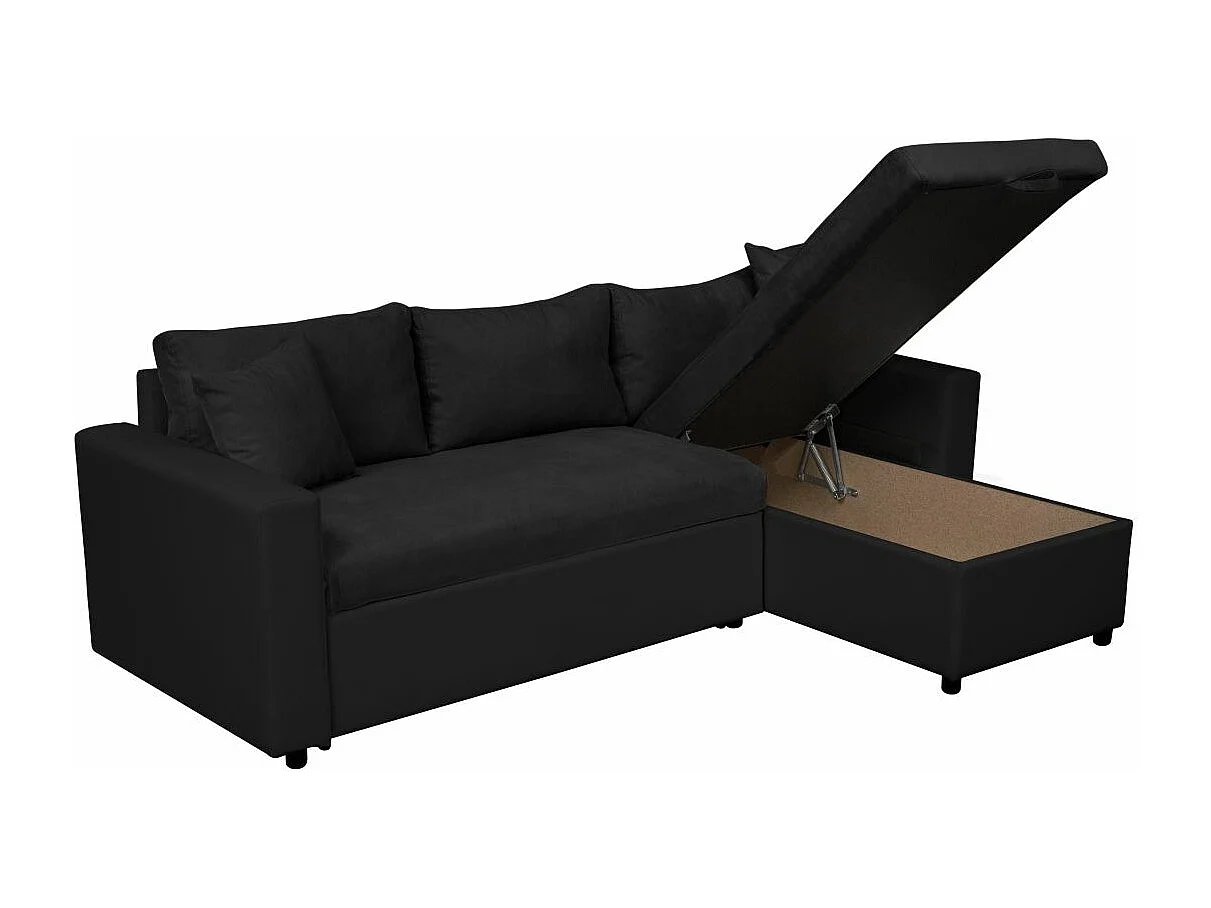 Canapé d'angle 4 places Convertible et Réversible Maria avec Coffre en simili/microfibre - Noir - L227 x P146 x H81cm - Loungitude