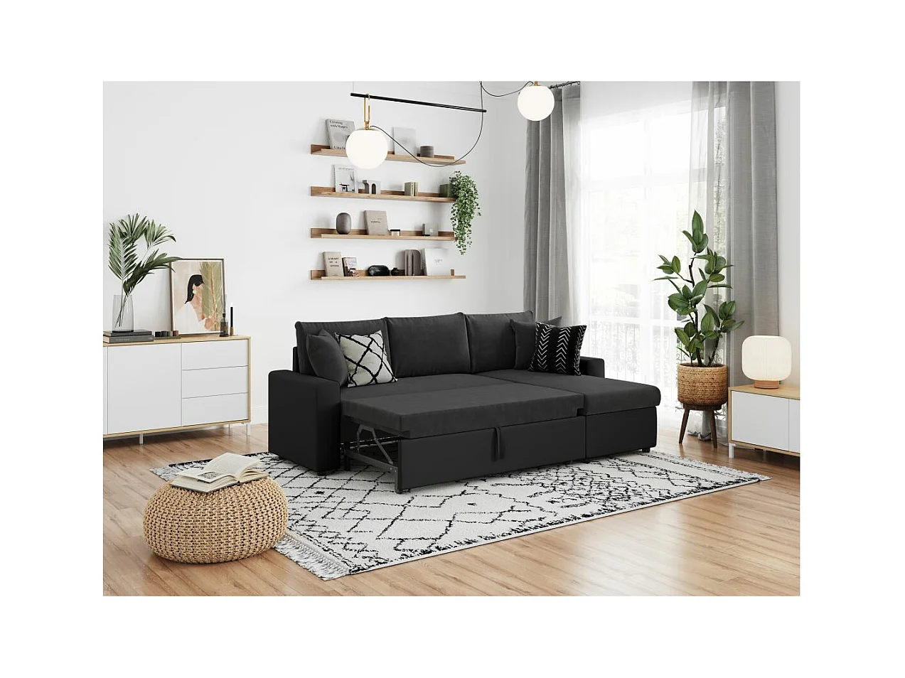 Canapé d'angle 4 places Convertible et Réversible Maria avec Coffre en simili/microfibre - Noir - L227 x P146 x H81cm - Loungitude