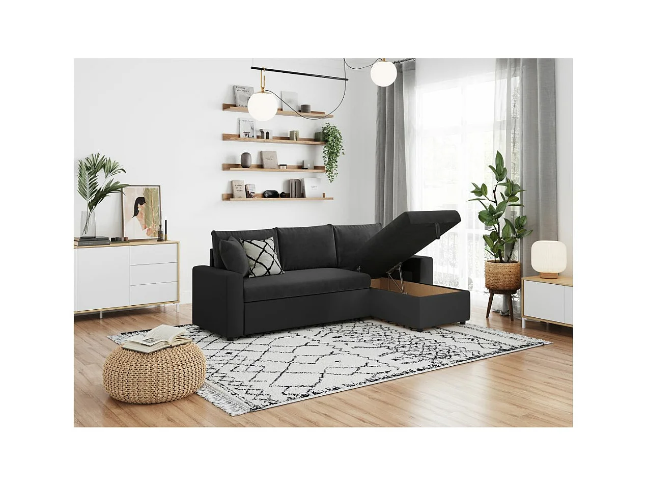 Canapé d'angle 4 places Convertible et Réversible Maria avec Coffre en simili/microfibre - Noir - L227 x P146 x H81cm - Loungitude