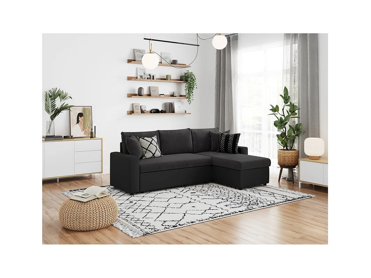 Canapé d'angle 4 places Convertible et Réversible Maria avec Coffre en simili/microfibre - Noir - L227 x P146 x H81cm - Loungitude
