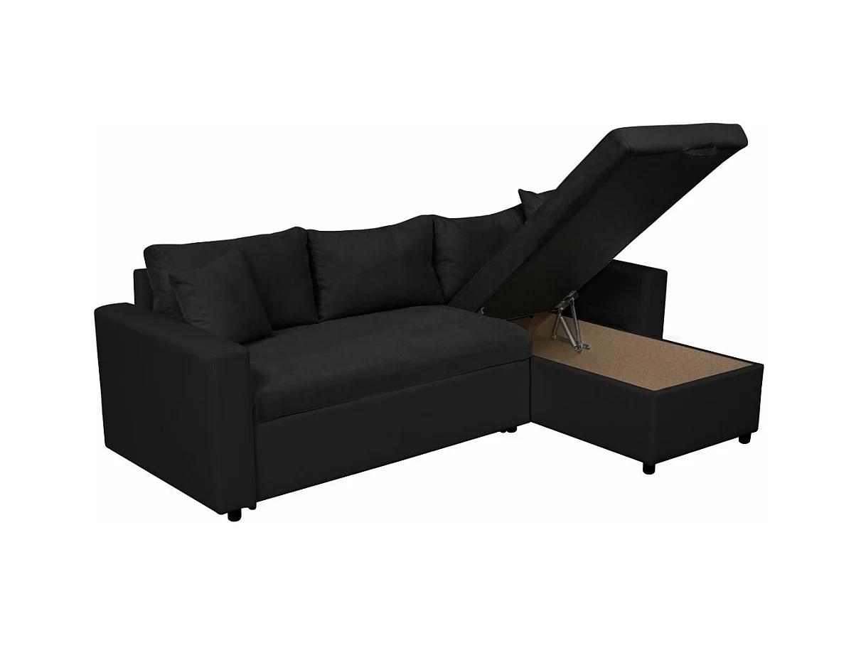Canapé d'angle 4 places Convertible et Réversible Maria avec Coffre en simili/microfibre - Noir - L227 x P146 x H81cm - Loungitude