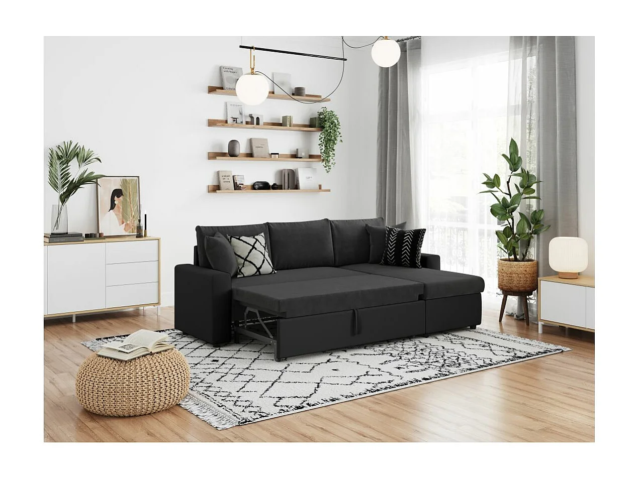 Canapé d'angle 4 places convertible et Réversible Maria avec Coffre en simili/microfibre - Noir - L227 x P146 x H81cm - Loungitude