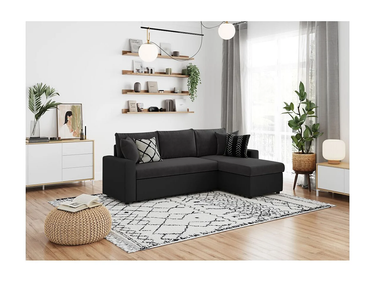 Canapé d'angle 4 places convertible et Réversible Maria avec Coffre en simili/microfibre - Noir - L227 x P146 x H81cm - Loungitude