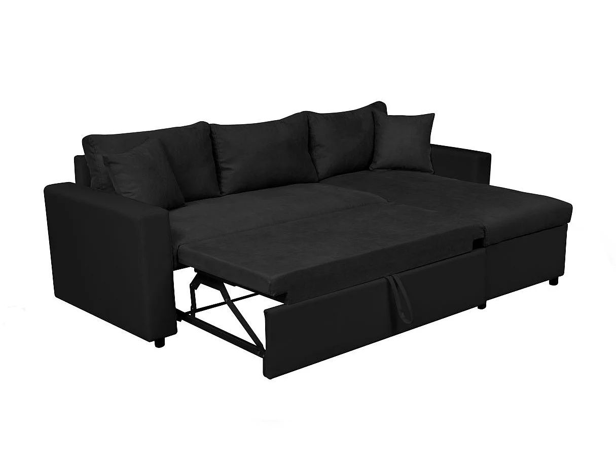 Canapé d'angle convertible 4 places avec coffre en simili cuir noir