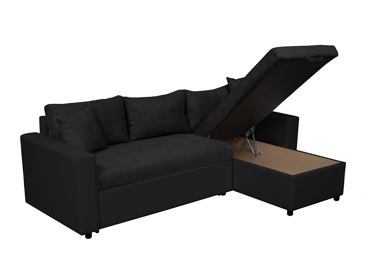 Canapé d'angle convertible 4 places avec coffre en simili cuir noir