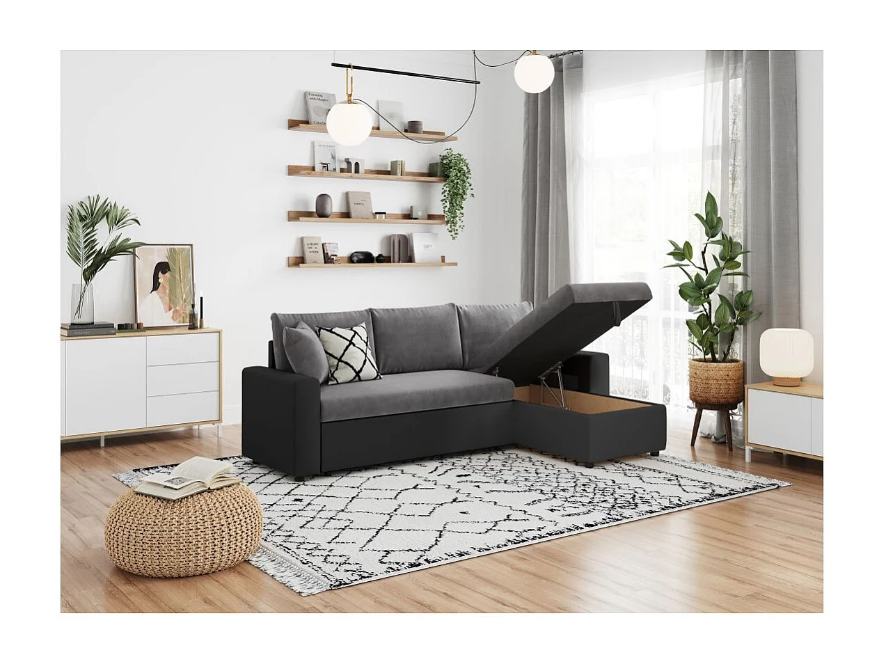 Canapé d'angle 4 places Convertible et Réversible Maria en simili et microfibre - Gris/Noir - L227 x P146 x H81cm - Loungitude