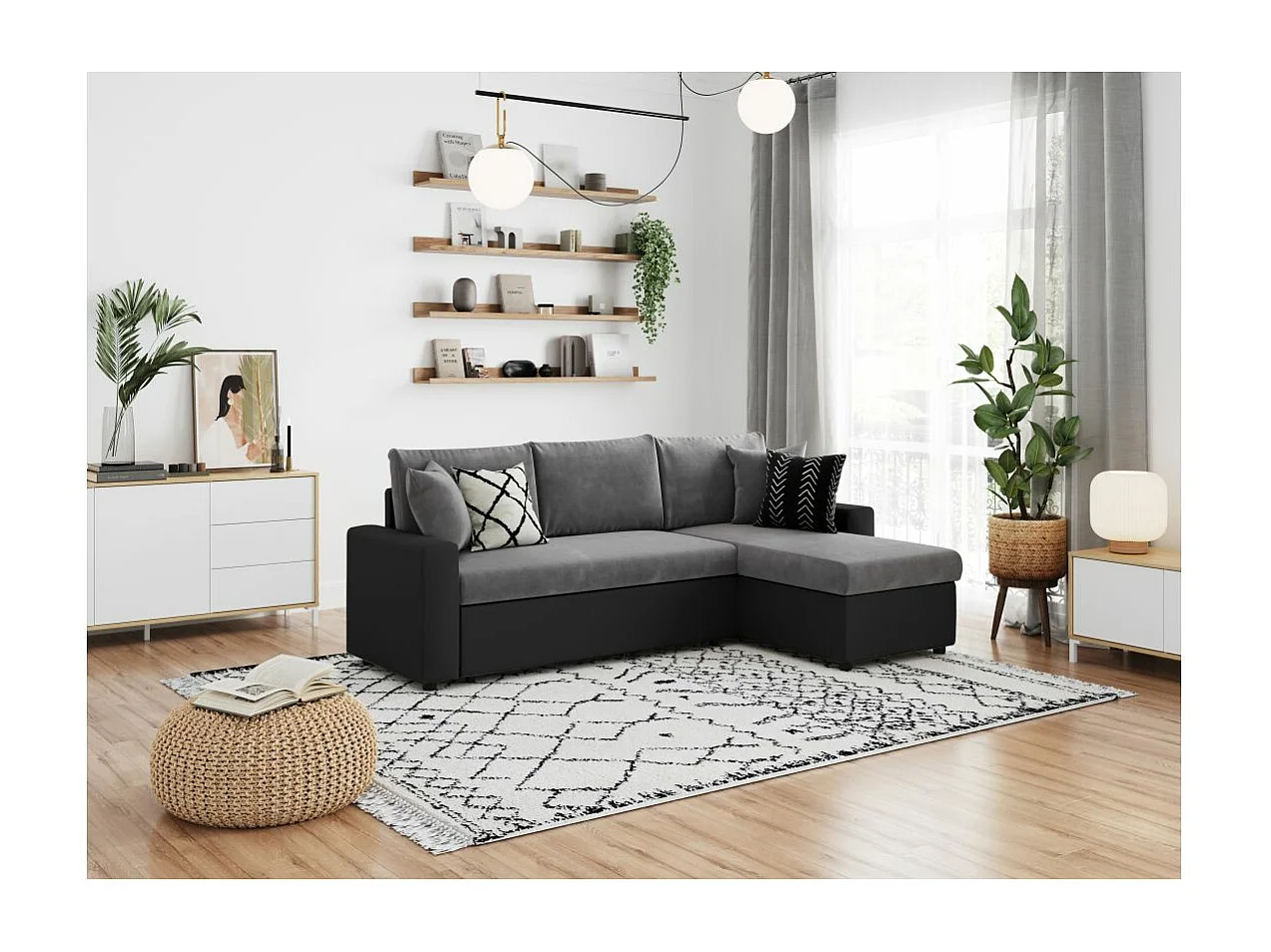 Canapé d'angle 4 places Convertible et Réversible Maria en simili et microfibre - Gris/Noir - L227 x P146 x H81cm - Loungitude