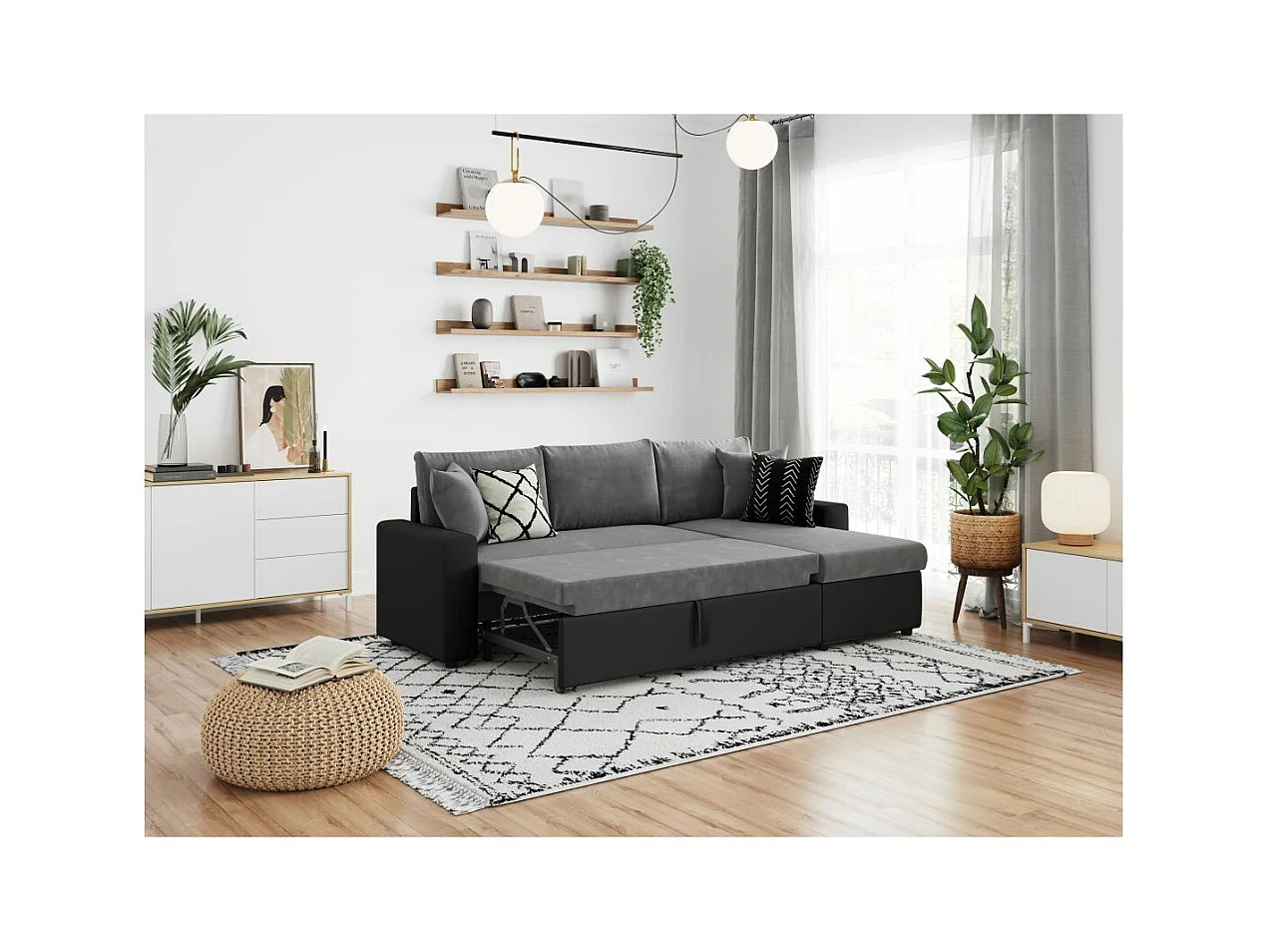 Canapé d'angle 4 places Convertible et Réversible Maria en simili et microfibre - Gris/Noir - L227 x P146 x H81cm - Loungitude