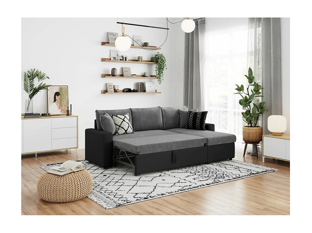 Canapé d'angle 4 places convertible et Réversible Maria en simili et microfibre - Gris/Noir - L227 x P146 x H81cm - Loungitude