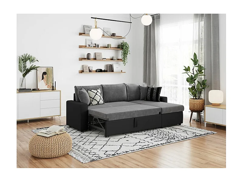 Canapé d'angle 4 places convertible et Réversible Maria en simili et microfibre - Gris/Noir - L227 x P146 x H81cm - Loungitude