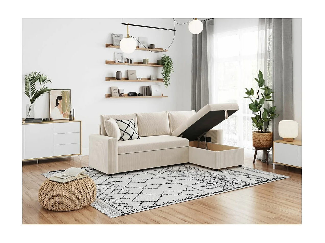 Canapé d'angle 3 places Maria réversible, convertible avec coffre en velours côtelé - Écru - L227 x P146 x H81cm - Loungitude