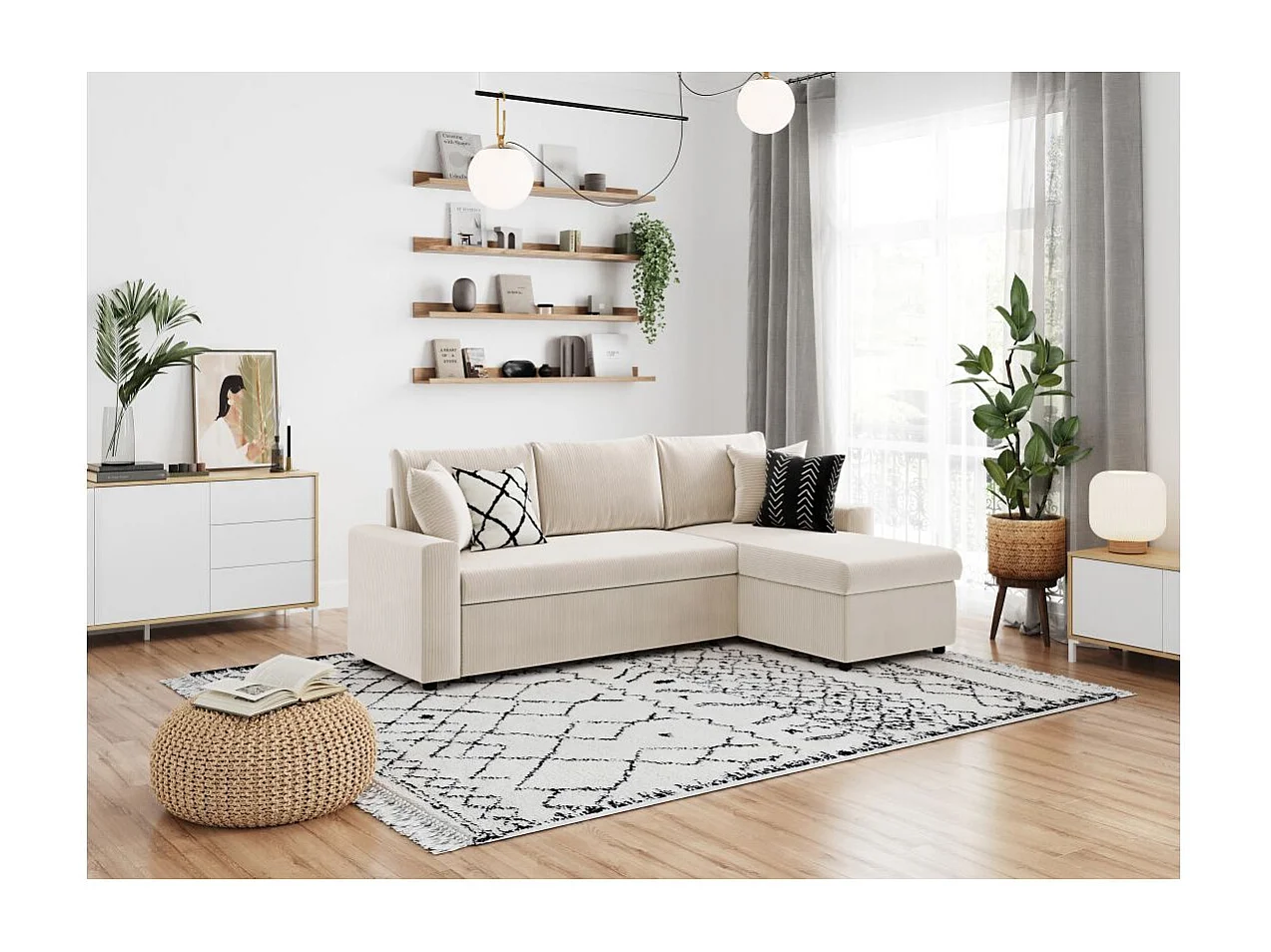 Canapé d'angle 3 places Maria réversible, convertible avec coffre en velours côtelé - Écru - L227 x P146 x H81cm - Loungitude