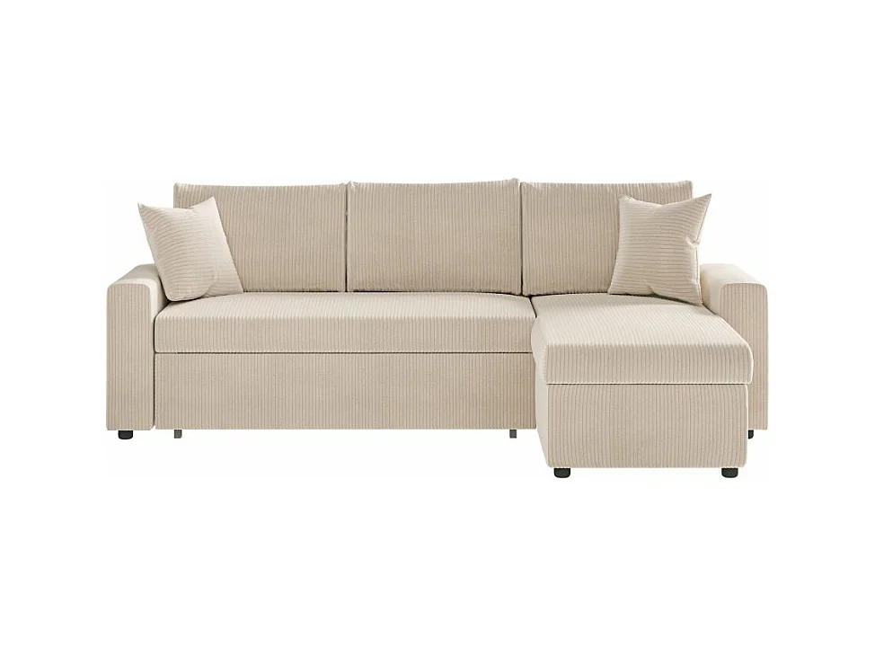 Canapé d'angle 3 places Maria réversible, convertible avec coffre en velours côtelé - Écru - L227 x P146 x H81cm - Loungitude