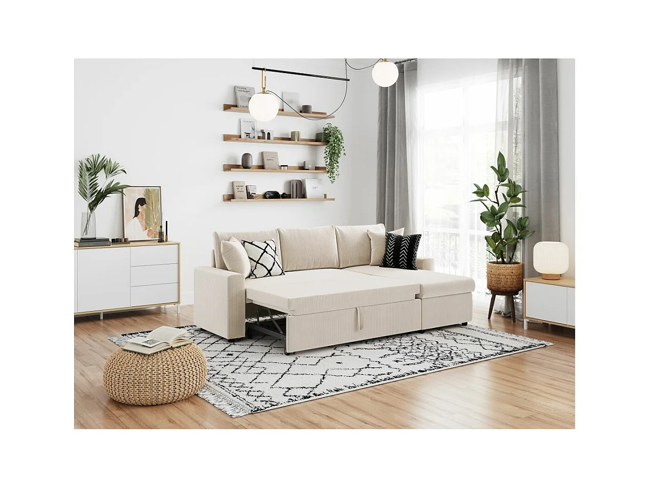 Canapé d'angle 3 places Maria réversible, convertible avec coffre en velours côtelé - Écru - L227 x P146 x H81cm - Loungitude