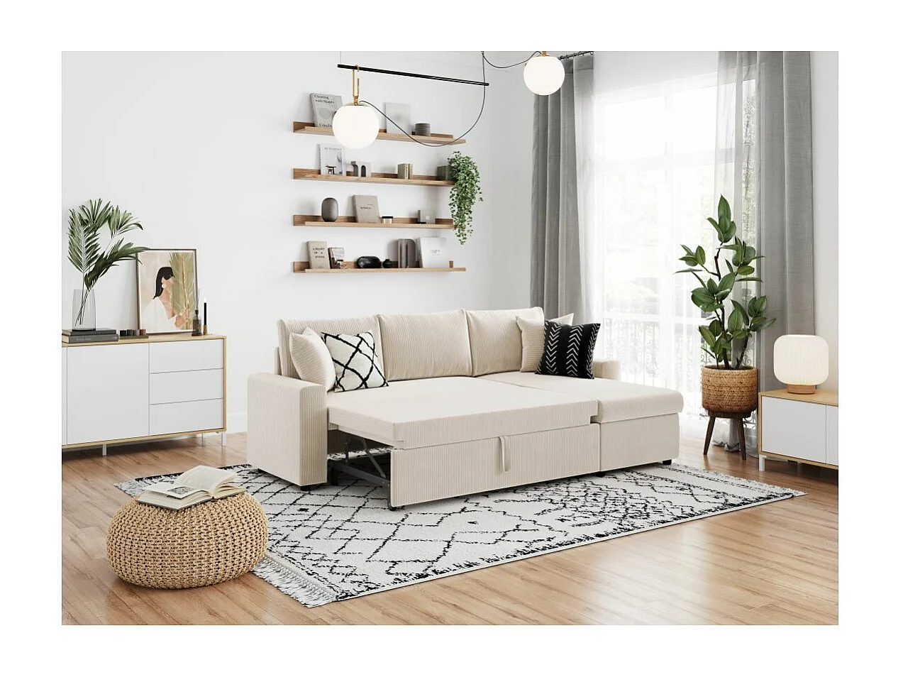 Canapé d'angle 3 places Maria réversible, convertible avec coffre en velours côtelé - Écru - L227 x P146 x H81cm - Loungitude