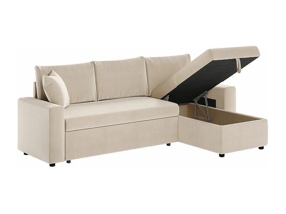 Canapé d'angle 3 places Maria réversible, convertible avec coffre en velours côtelé - Écru - L227 x P146 x H81cm - Loungitude