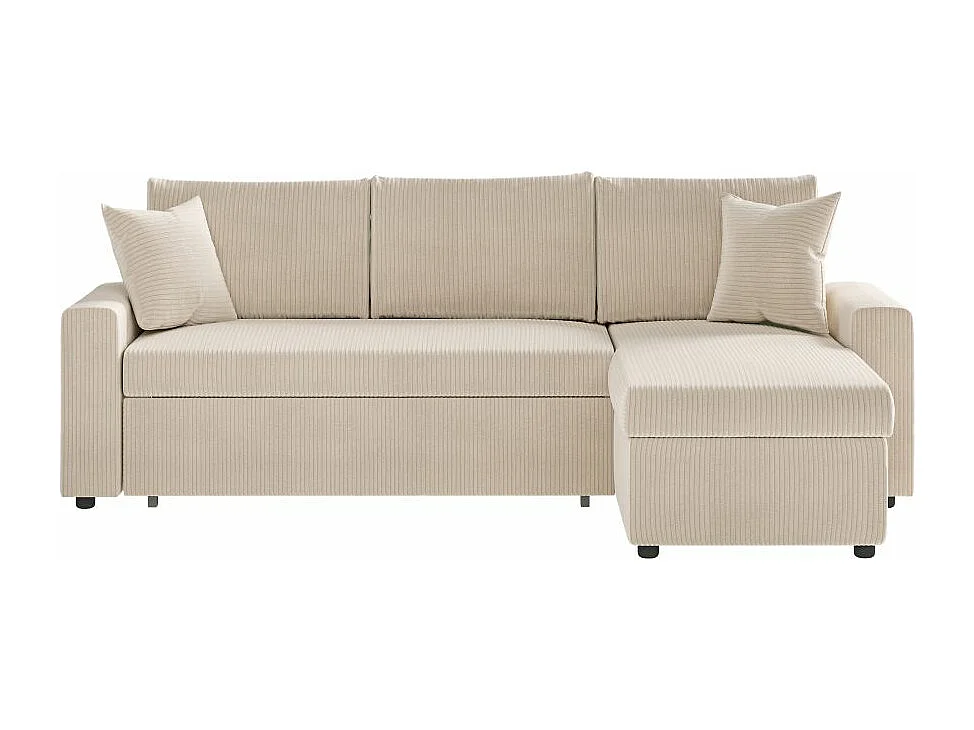 Canapé d'angle 3 places Maria réversible, convertible avec coffre en velours côtelé - Écru - L227 x P146 x H81cm - Loungitude