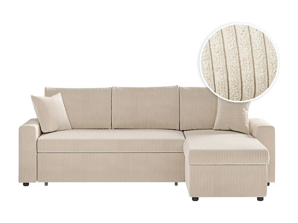 Canapé d'angle 3 places Maria réversible, convertible avec coffre en velours côtelé - Écru - L227 x P146 x H81cm - Loungitude