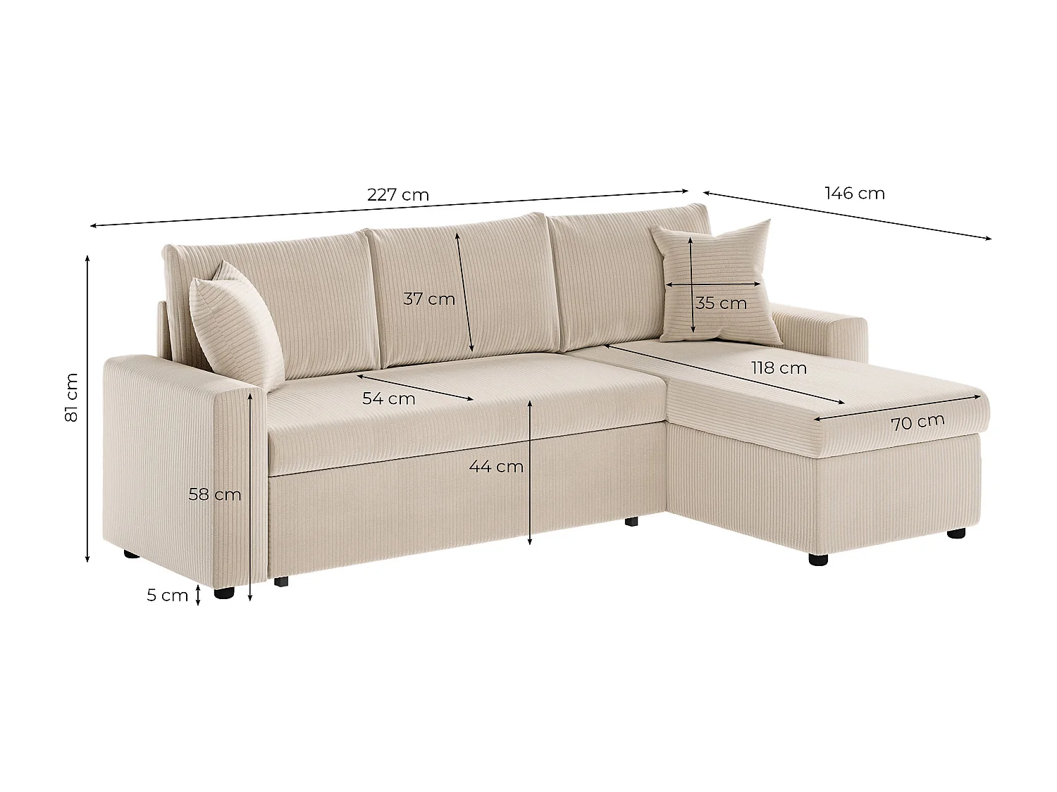 Canapé d'angle 3 places Maria réversible, convertible avec coffre en velours côtelé - Écru - L227 x P146 x H81cm - Loungitude