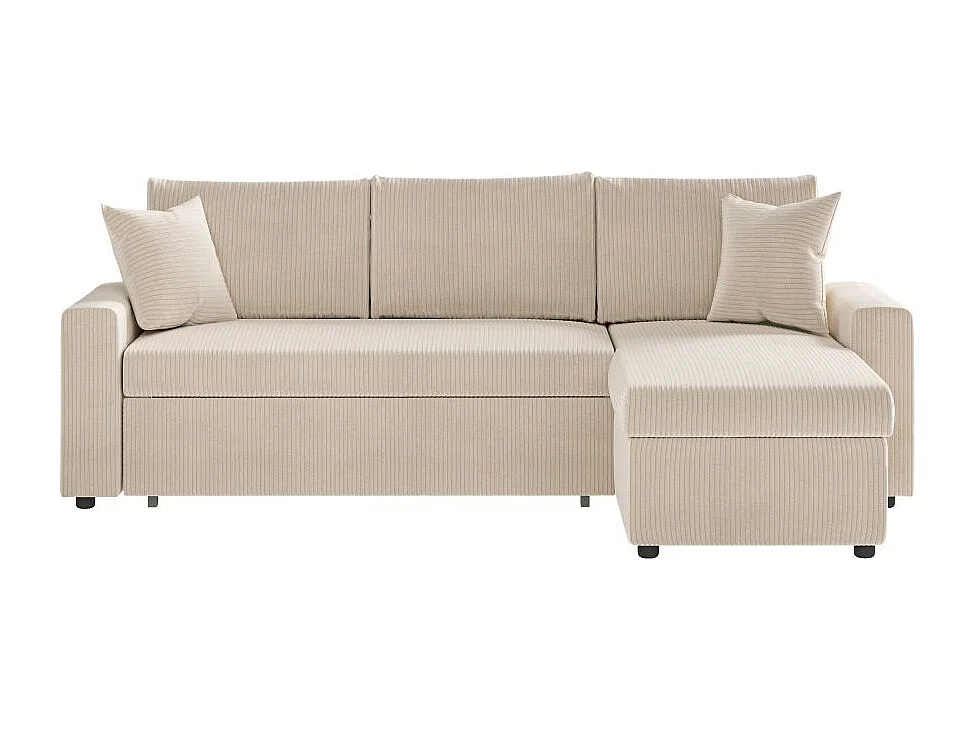 Canapé d'angle 3 places Maria réversible, convertible avec coffre en velours côtelé - Écru - L227 x P146 x H81cm - Loungitude