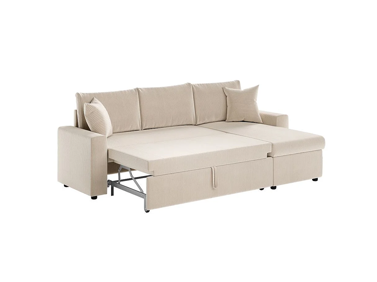 Canapé d'angle 3 places Maria réversible, convertible avec coffre en velours côtelé - Écru - L227 x P146 x H81cm - Loungitude