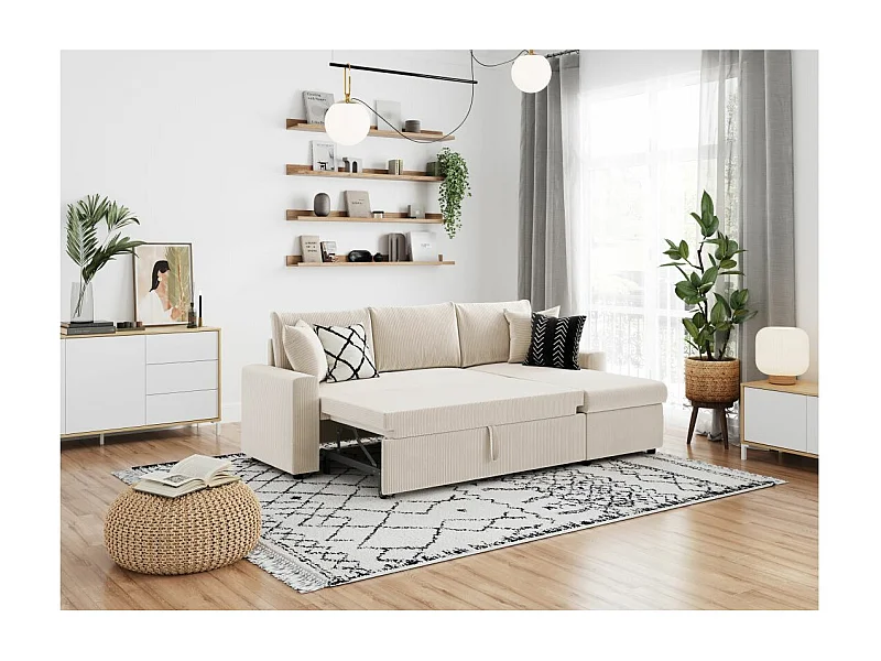 Canapé d'angle 3 places Maria réversible, convertible avec coffre en velours côtelé - Écru - L227 x P146 x H81cm - Loungitude