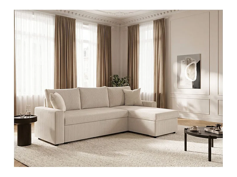 Canapé d'angle 3 places Maria réversible, convertible avec coffre en velours côtelé - Écru - L227 x P146 x H81cm - Loungitude