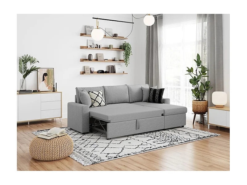 Canapé d'angle 4 places Convertible et Réversible Maria avec Coffre en tissu - Gris clair - L227 x P146 x H81cm - Loungitude