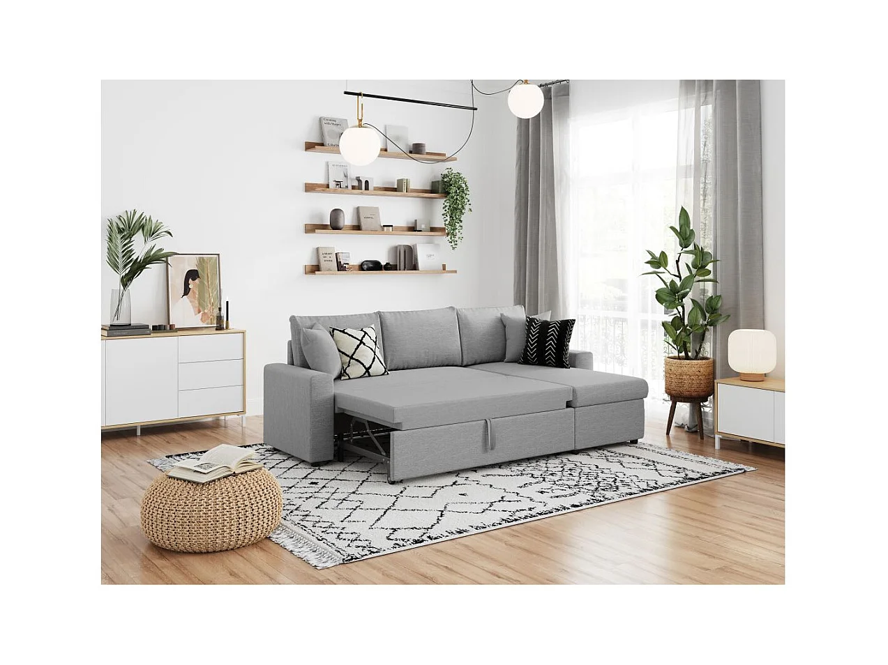 Canapé d'angle 4 places Convertible et Réversible Maria avec Coffre en tissu - Gris clair - L227 x P146 x H81cm - Loungitude