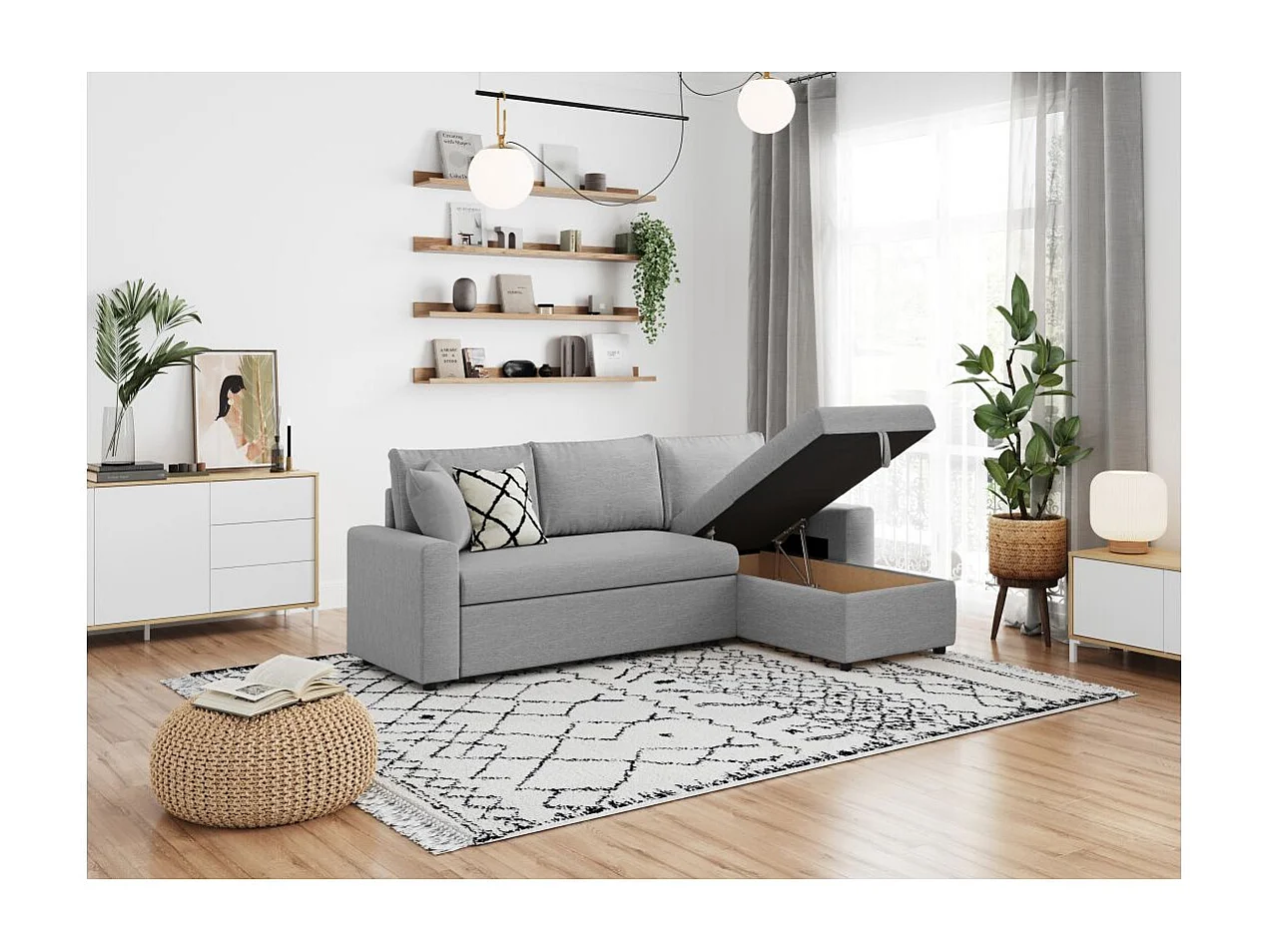 Canapé d'angle 4 places convertible et Réversible Maria avec Coffre en tissu - Gris clair - L227 x P146 x H81cm - Loungitude