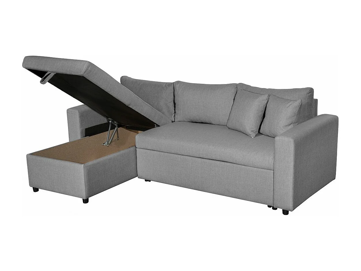 Canapé d'angle 4 places convertible et Réversible Maria avec Coffre en tissu - Gris clair - L227 x P146 x H81cm - Loungitude