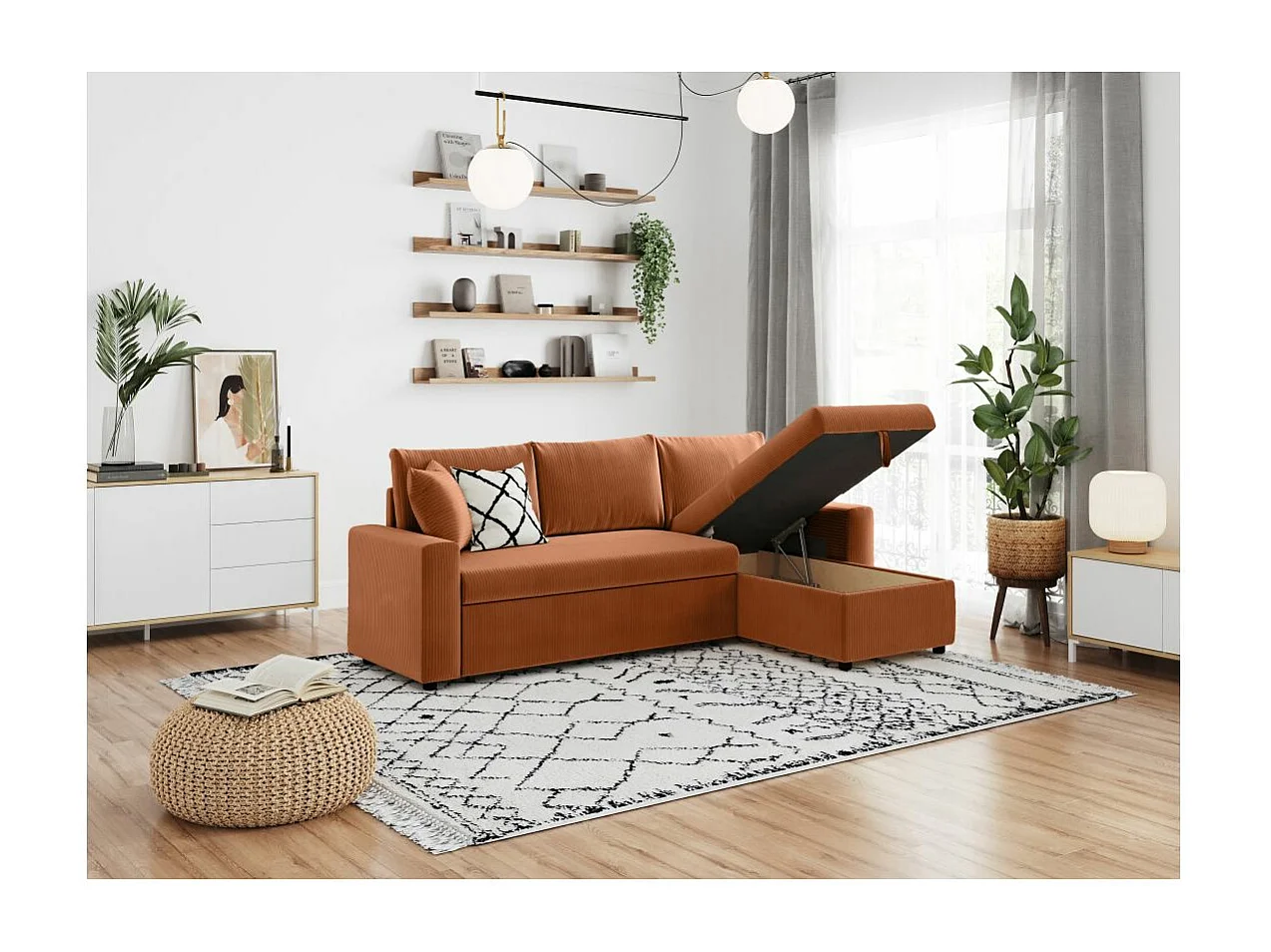 Canapé d'angle 3 places Maria réversible, convertible avec coffre en velours côtelé - Terracotta - L227 x P146 x H81cm - Loungitude