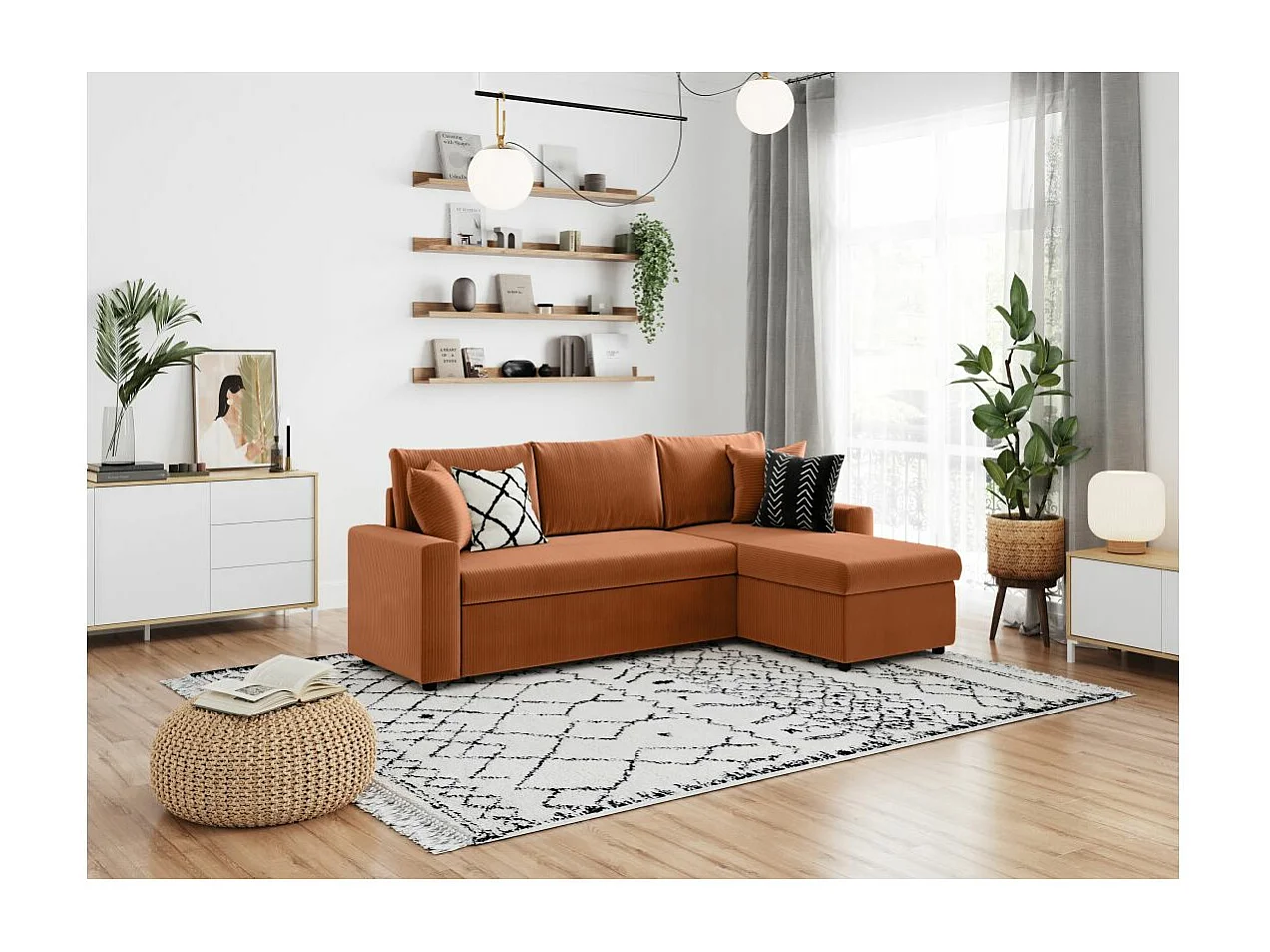 Canapé d'angle 3 places Maria réversible, convertible avec coffre en velours côtelé - Terracotta - L227 x P146 x H81cm - Loungitude