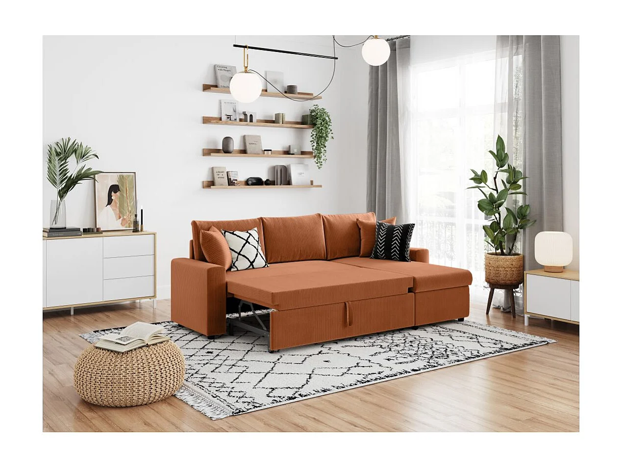 Canapé d'angle 3 places Maria réversible, convertible avec coffre en velours côtelé - Terracotta - L227 x P146 x H81cm - Loungitude