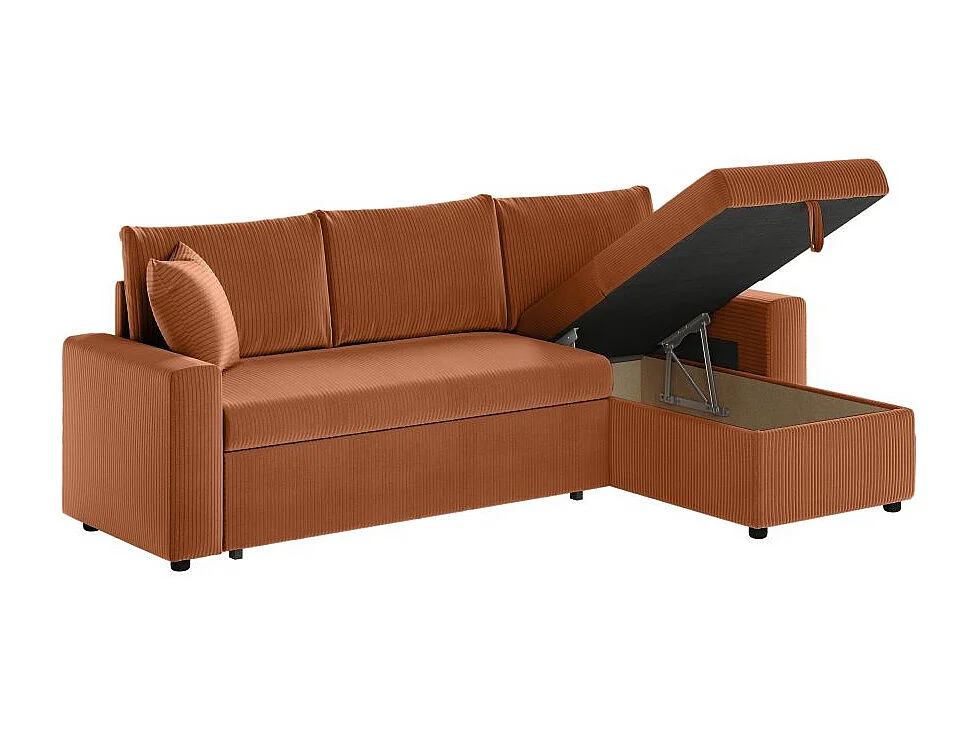 Canapé d'angle 3 places Maria réversible, convertible avec coffre en velours côtelé - Terracotta - L227 x P146 x H81cm - Loungitude