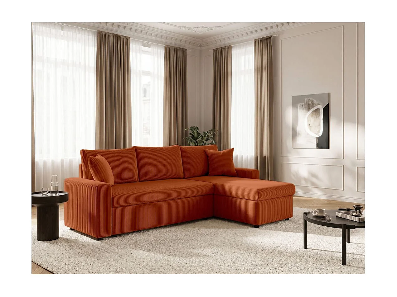 Canapé d'angle 3 places Maria réversible, convertible avec coffre en velours côtelé - Terracotta - L227 x P146 x H81cm - Loungitude