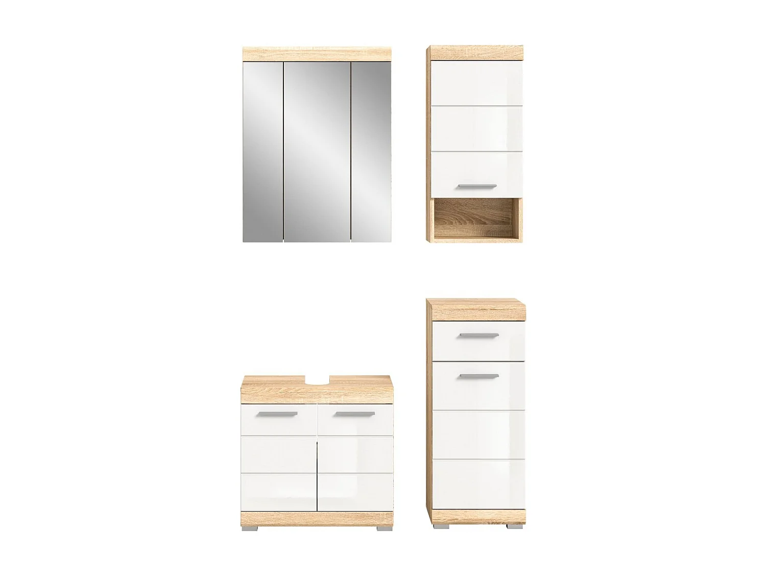 Ensemble de meubles de salle de bain RIDLEY – Meuble sous vasque, rangement miroir, 2 demi colonnes – Blanc et chêne clair