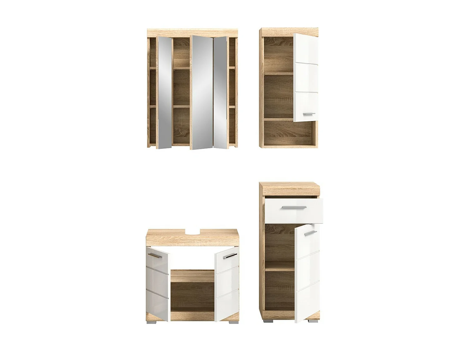Ensemble de meubles de salle de bain RIDLEY – Meuble sous vasque, rangement miroir, 2 demi colonnes – Blanc et chêne clair