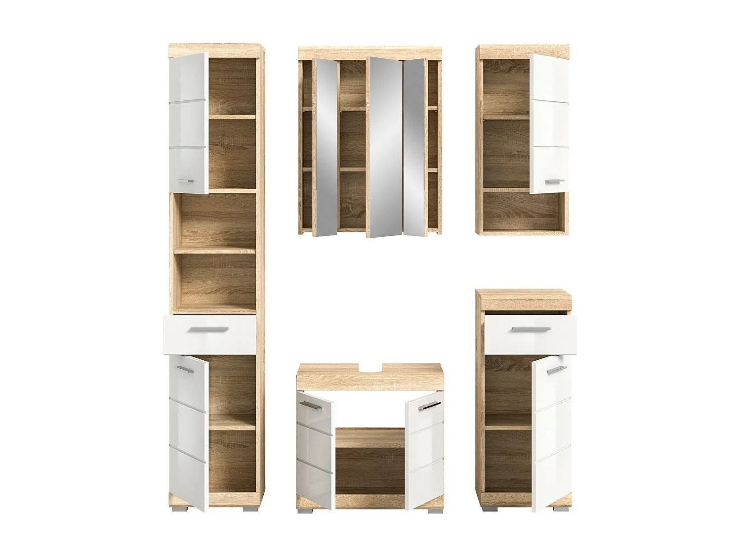 Ensemble de meubles de salle de bain RIDLEY – Meubles sous vasque, meuble avec miroir, colonne et demi-colonnes – Blanc et chêne