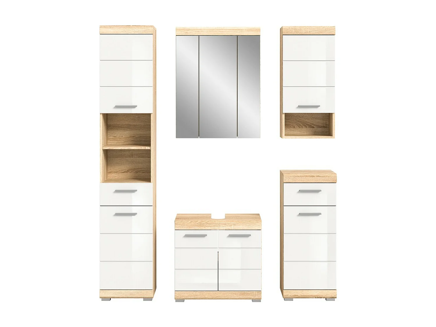 Ensemble de meubles de salle de bain RIDLEY – Meubles sous vasque, meuble avec miroir, colonne et demi-colonnes – Blanc et chêne