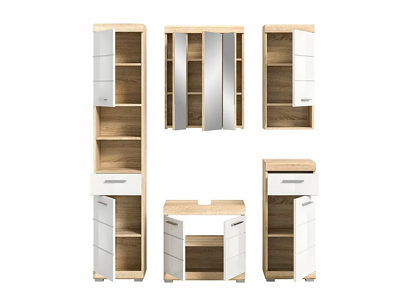 Ensemble de meubles de salle de bain RIDLEY – Meubles sous vasque, meuble avec miroir, colonne et demi-colonnes – Blanc et chêne