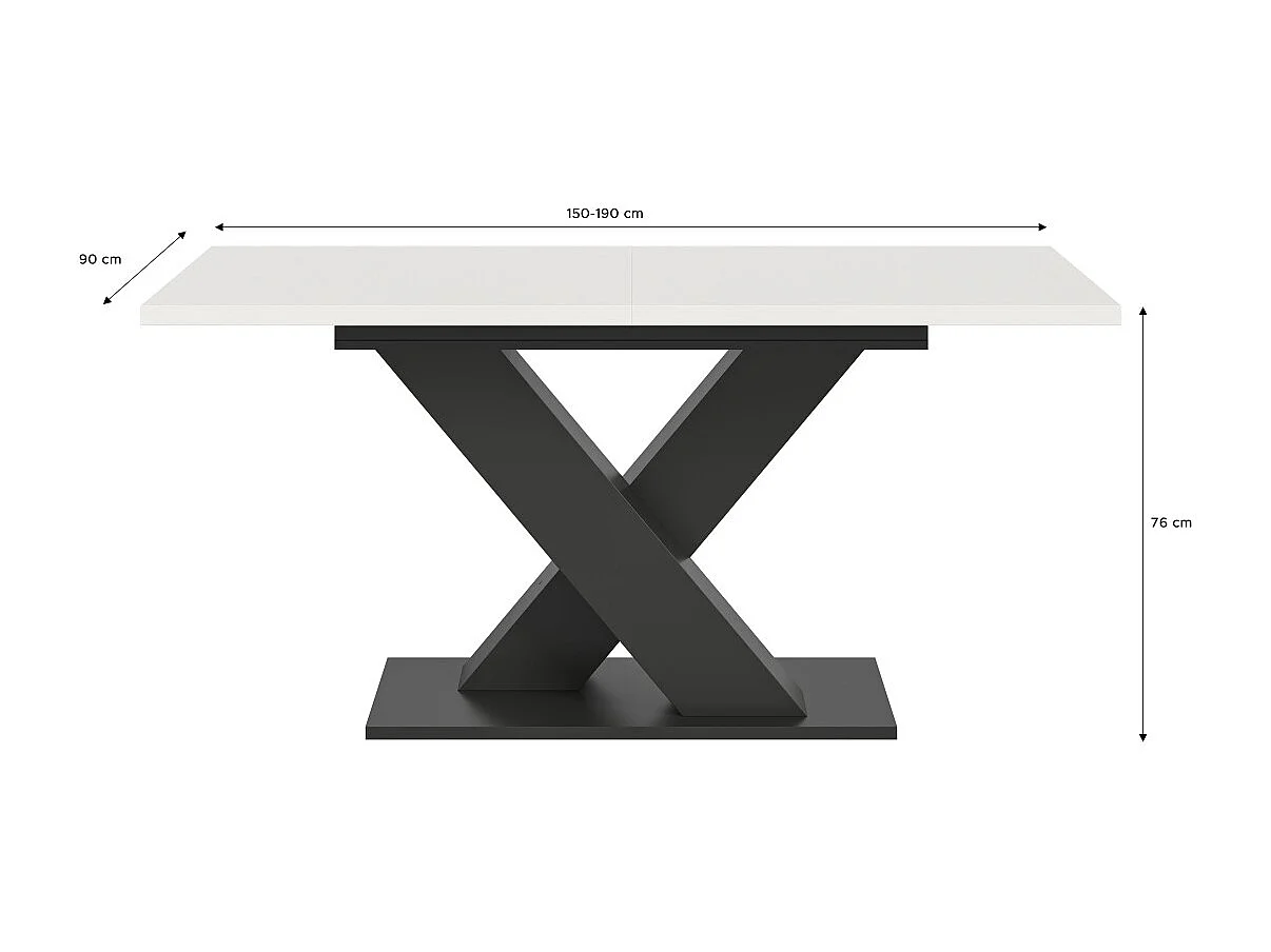 Erweiterbarer Tisch CAPTURE – X-förmiges Fußdesign – Struktur in Dunkelgrau und weiße Tischplatte – 150 bis 190 cm