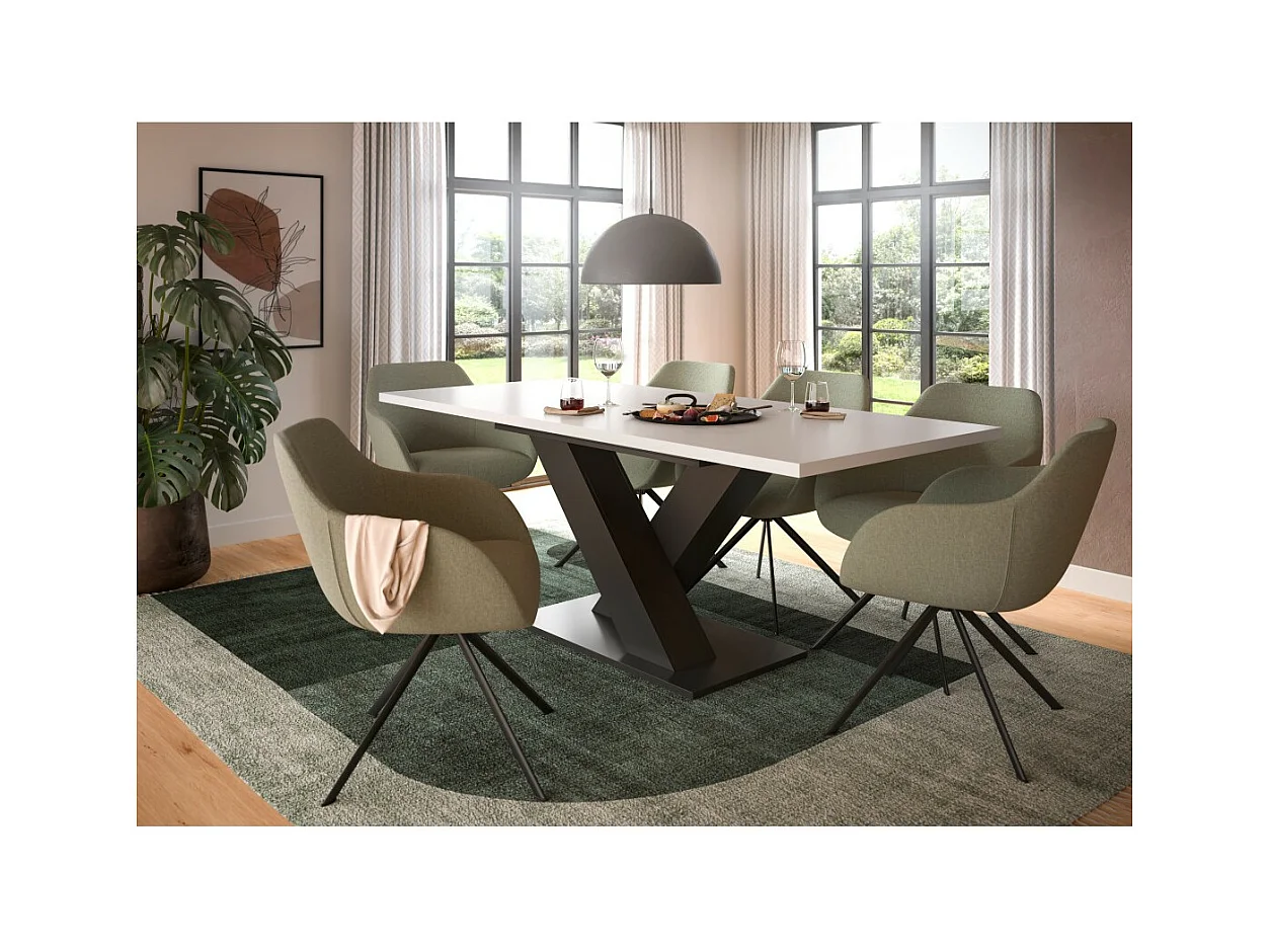 Table extensible CAPTURE – Pied design en X – Structure gris foncé et plateau blanc – 150 à 190 cm