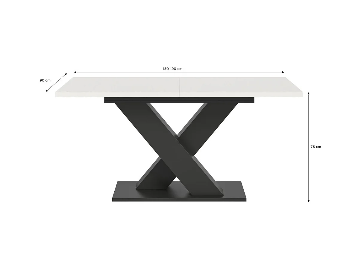 Table extensible CAPTURE – Pied design en X – Structure gris foncé et plateau blanc – 150 à 190 cm