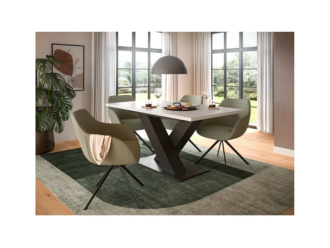 Table extensible CAPTURE – Pied design en X – Structure gris foncé et plateau blanc – 150 à 190 cm