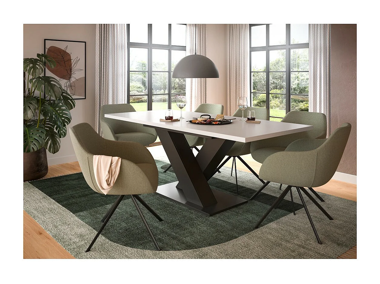 Table extensible CAPTURE – Pied design en X – Structure gris foncé et plateau blanc – 150 à 190 cm